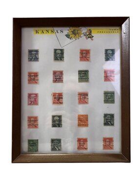 Vintage Kansas Postage Stamp Art Framed Handmade Display Used